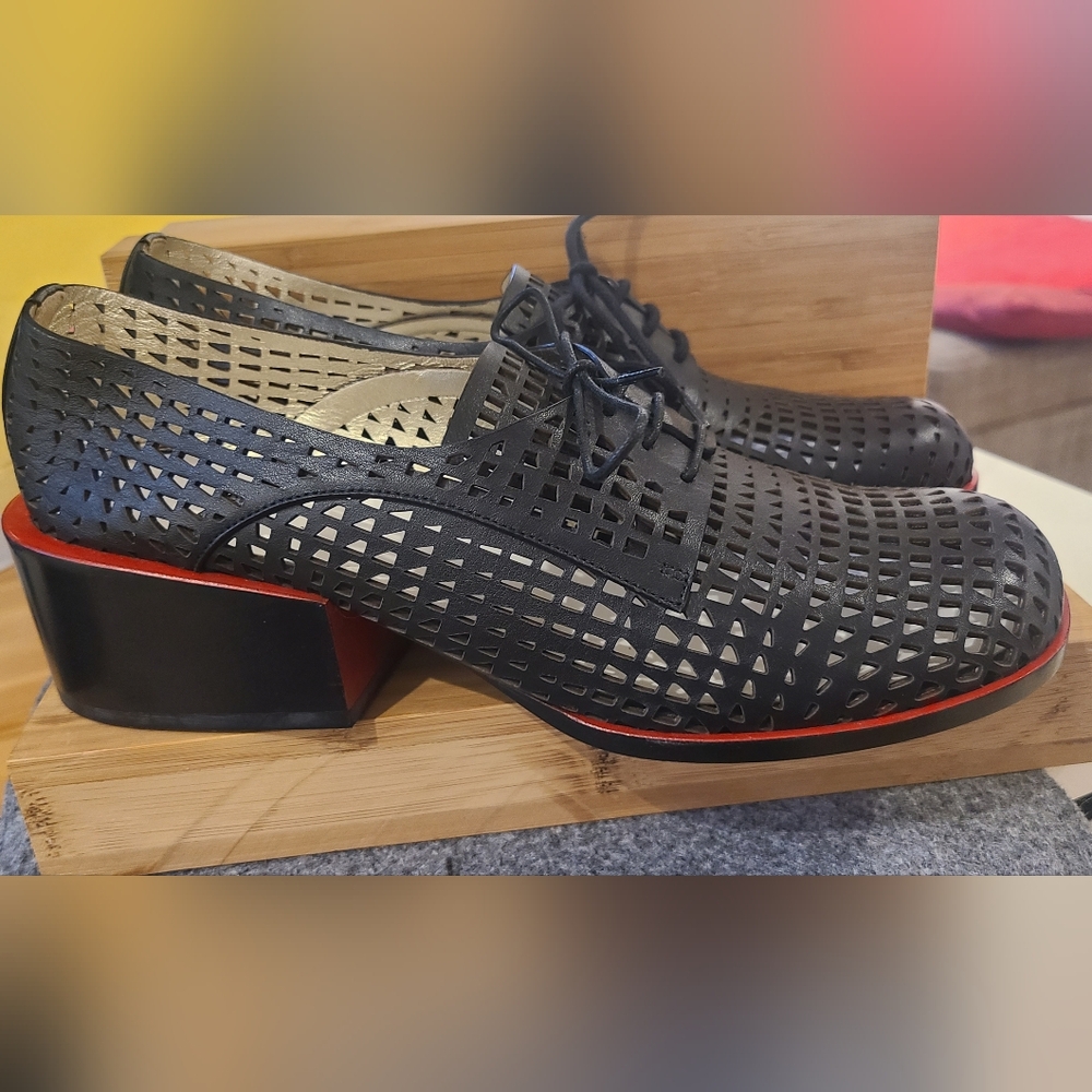 Jil Sander Black and Red Flats with Modern Perforated Design